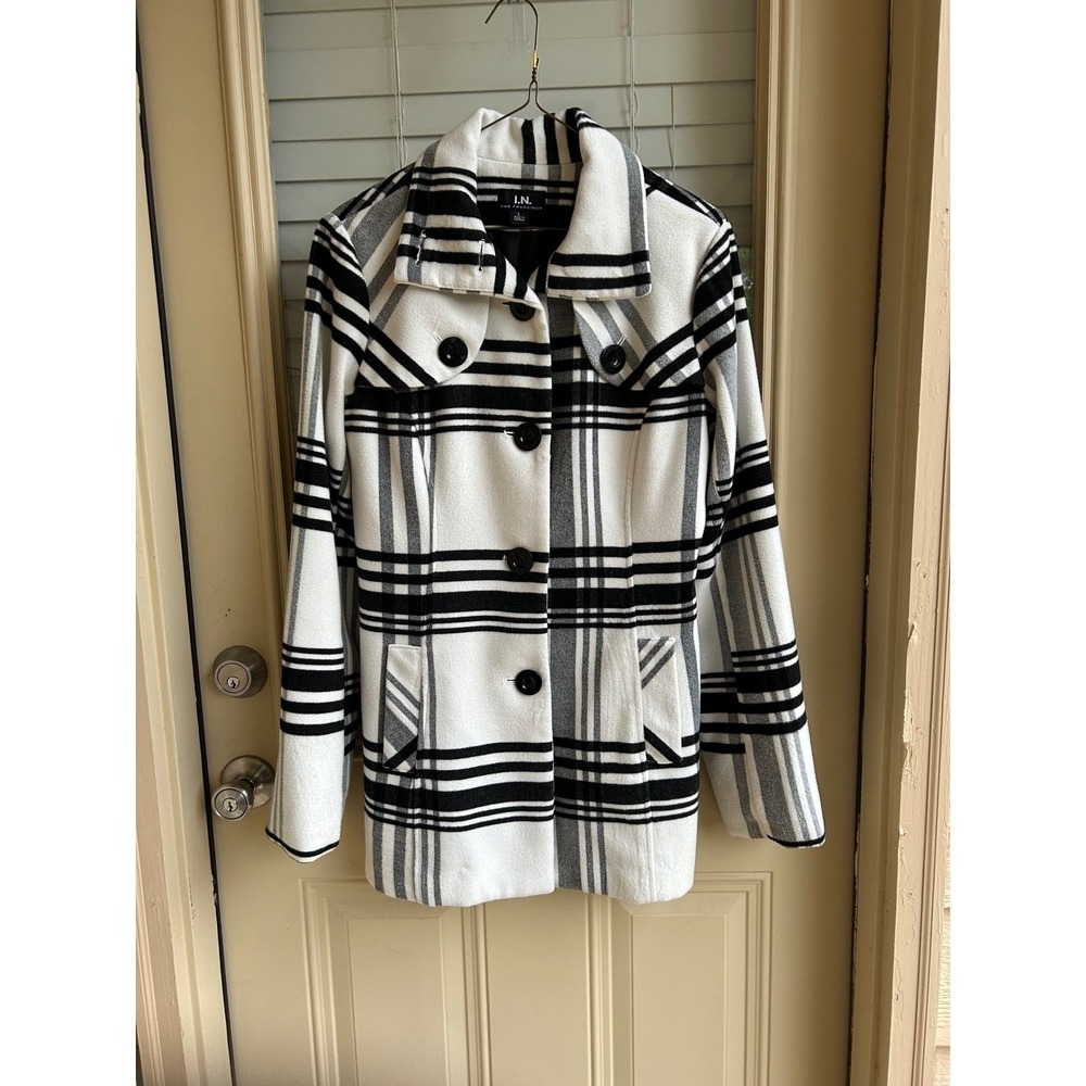 I.N. San Francisco Womens Black White Plaid Button Front Pea Coat Jacket Large